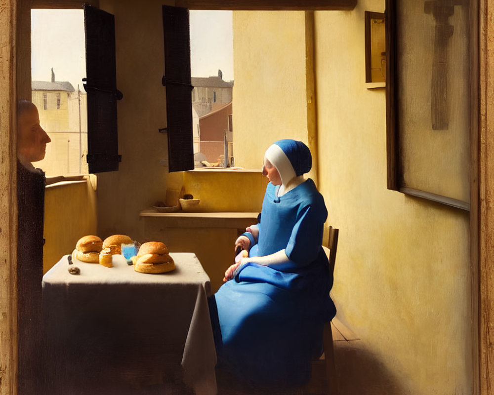 Woman in blue dress with headscarf at table with bread, conversing in warmly lit room.