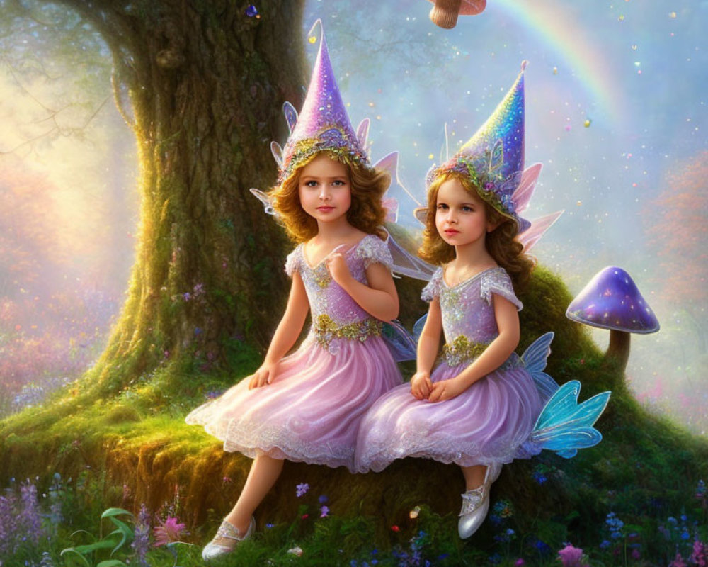 Enchanted forest scene: Two girls as fairies under tree with mushrooms, flowers, rainbow.