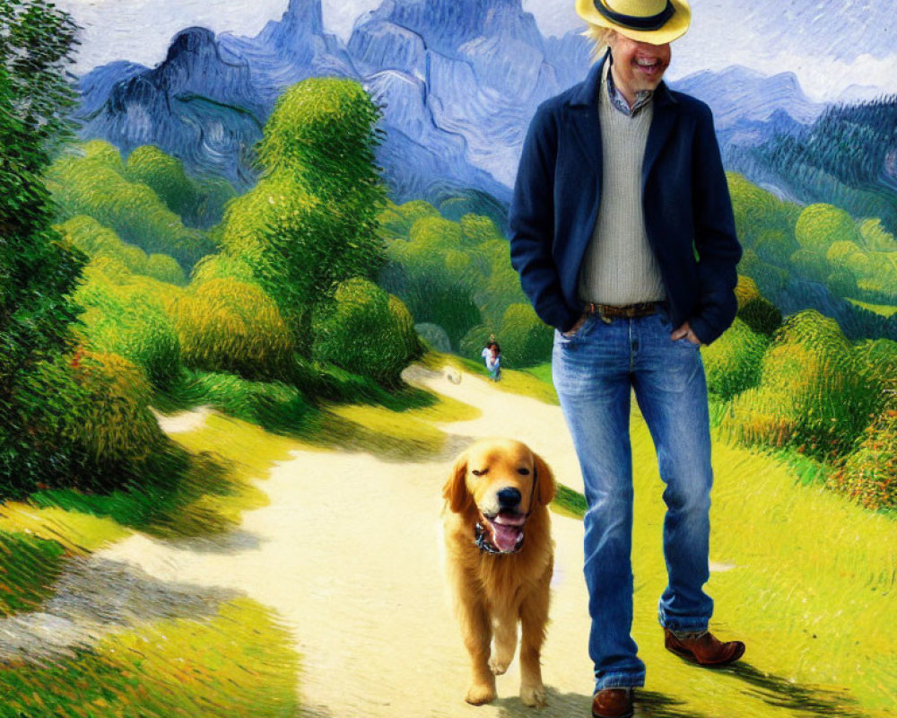 Man with hat smiling with golden retriever on scenic pathway amid green hills and mountains