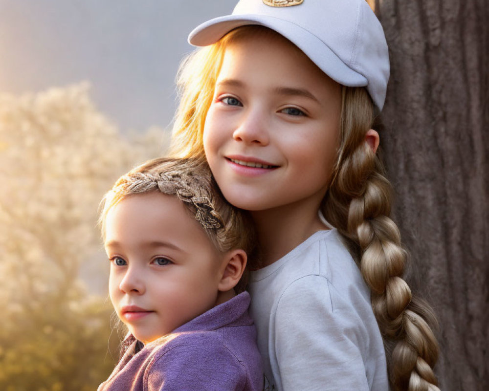 Smiling children outdoors hugging near a tree