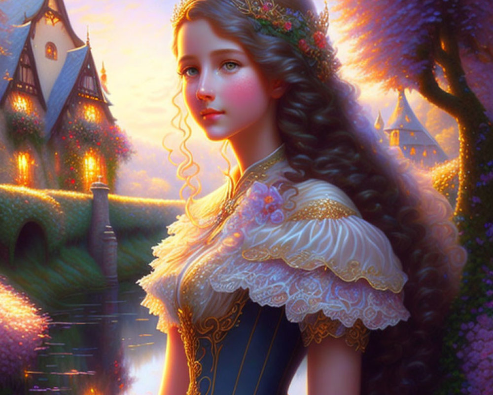 Young woman with wavy hair in floral crown and period dress in fantasy setting