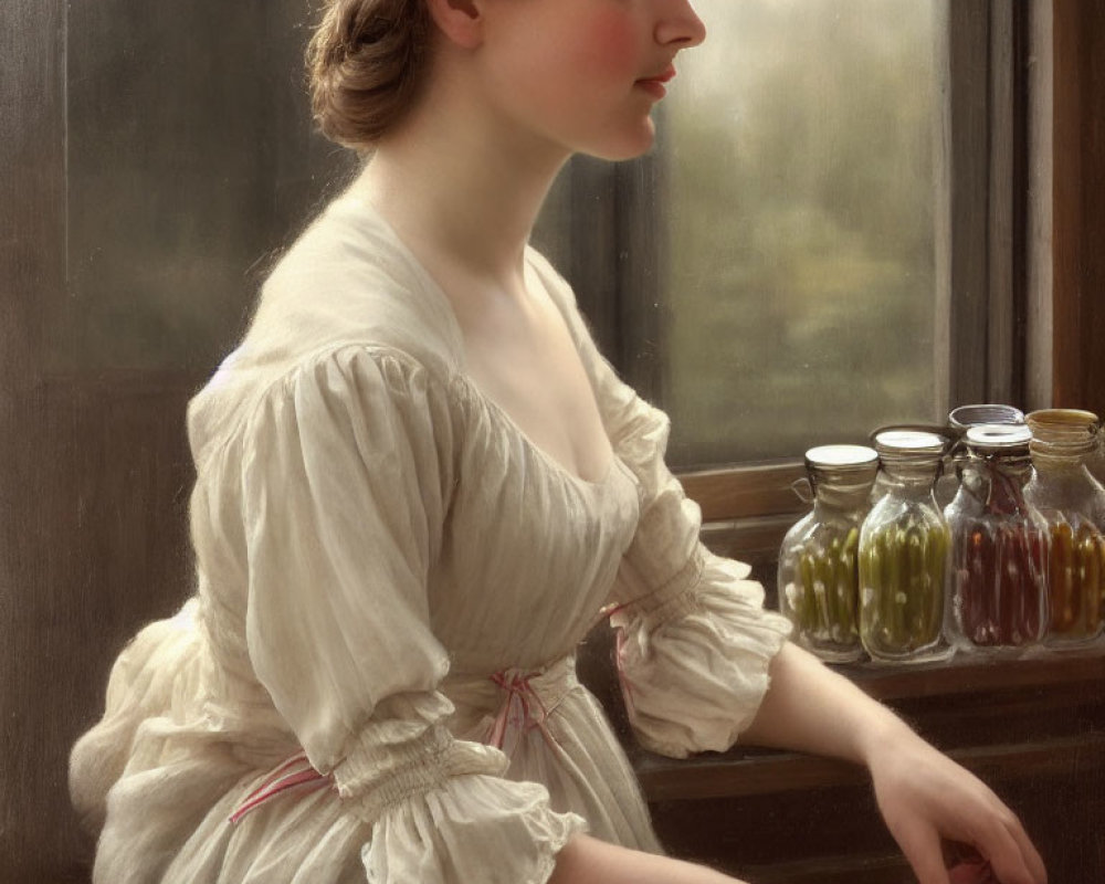 Woman in period clothing with braided updo by window with colorful preserves jars