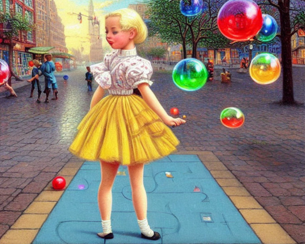 Young girl playing hopscotch surrounded by colorful bubbles in city scene