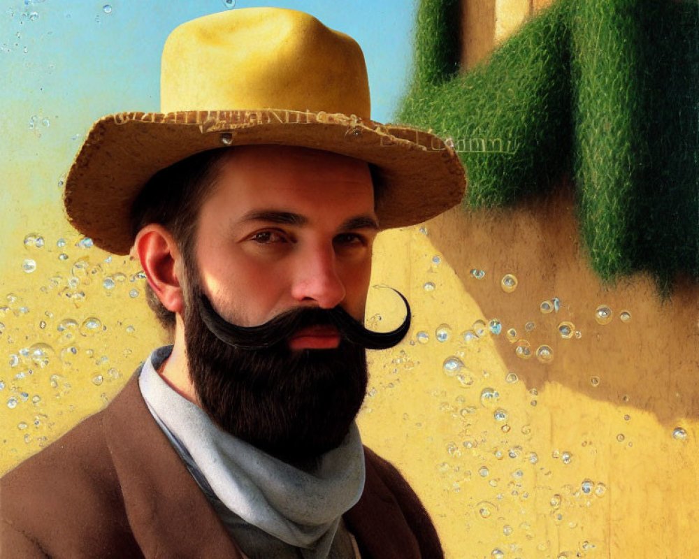 Bearded Man with Curled Mustache in Brown Hat on Yellow Bubble Textured Background