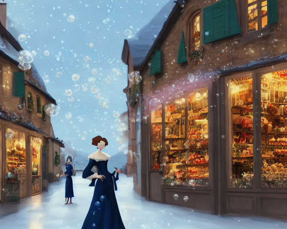 Historically dressed woman strolling snowy, cobblestone street with illuminated shops