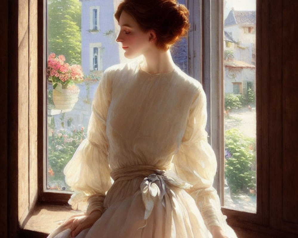 Vintage-dressed woman by open window with serene view.