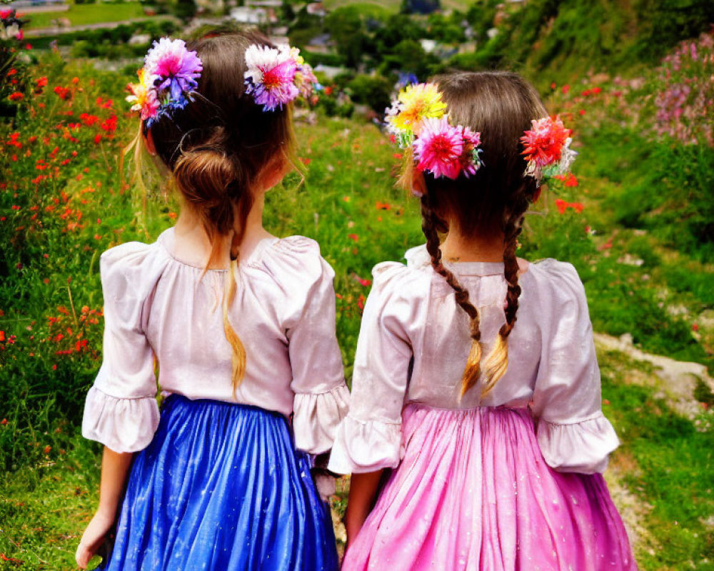 Two Girls with Braided Hair and Flower Adornments in Pastel Dresses in Mountain Field