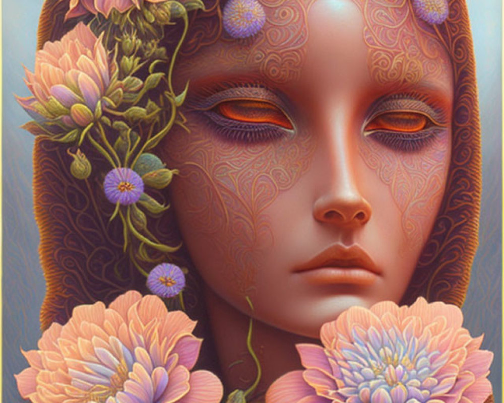 Surreal female figure with pink flowers and ornate patterns on ochre background