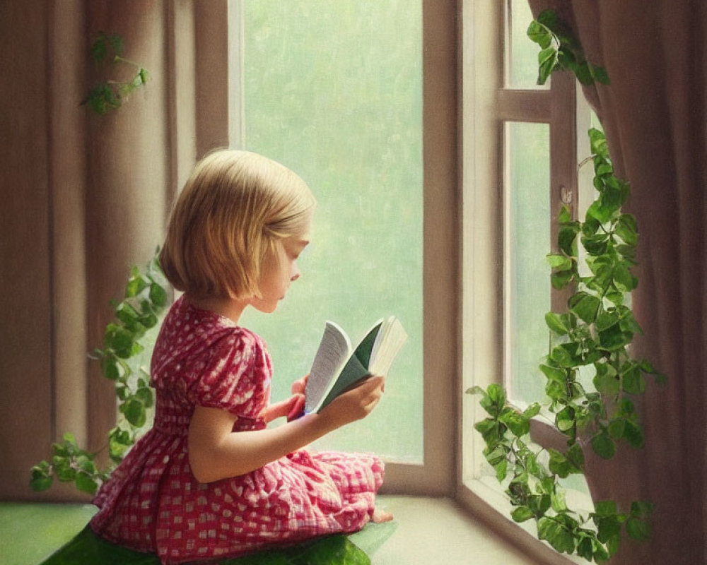 Child reading book on windowsill surrounded by green foliage