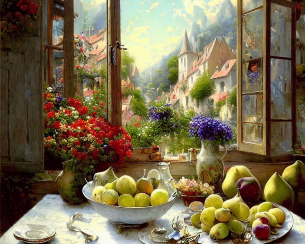 Colorful still life painting with fruit, table, window view, village, and flowers.