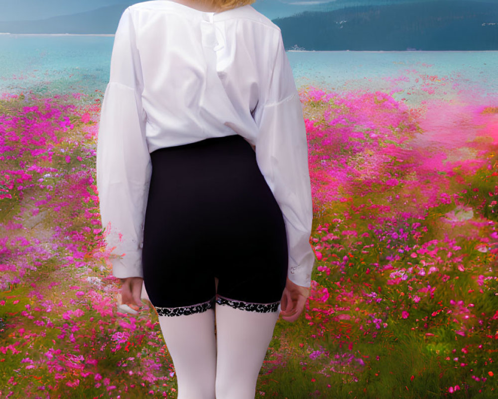 Person in White Blouse and Black Shorts in Pink Flower Field with Misty Mountains