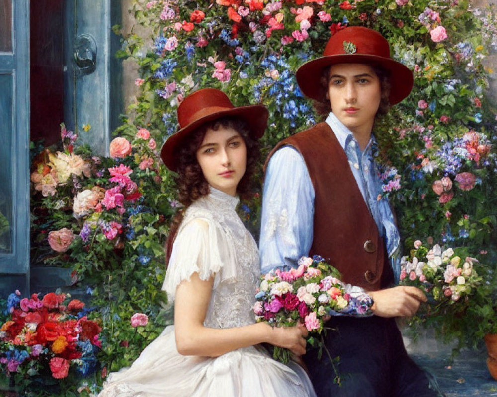 Vintage Attire Individuals with Red Hats in Front of Vibrant Flowers and Blue Door