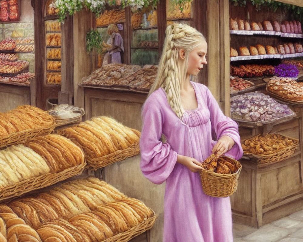 Woman in Purple Dress Standing in Cozy Bakery with Bread Loaves and Pastries