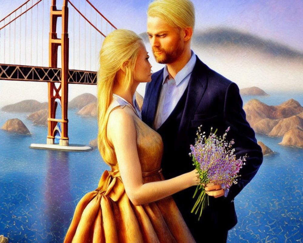 Couple embracing near water with Golden Gate Bridge in background, woman holding flowers