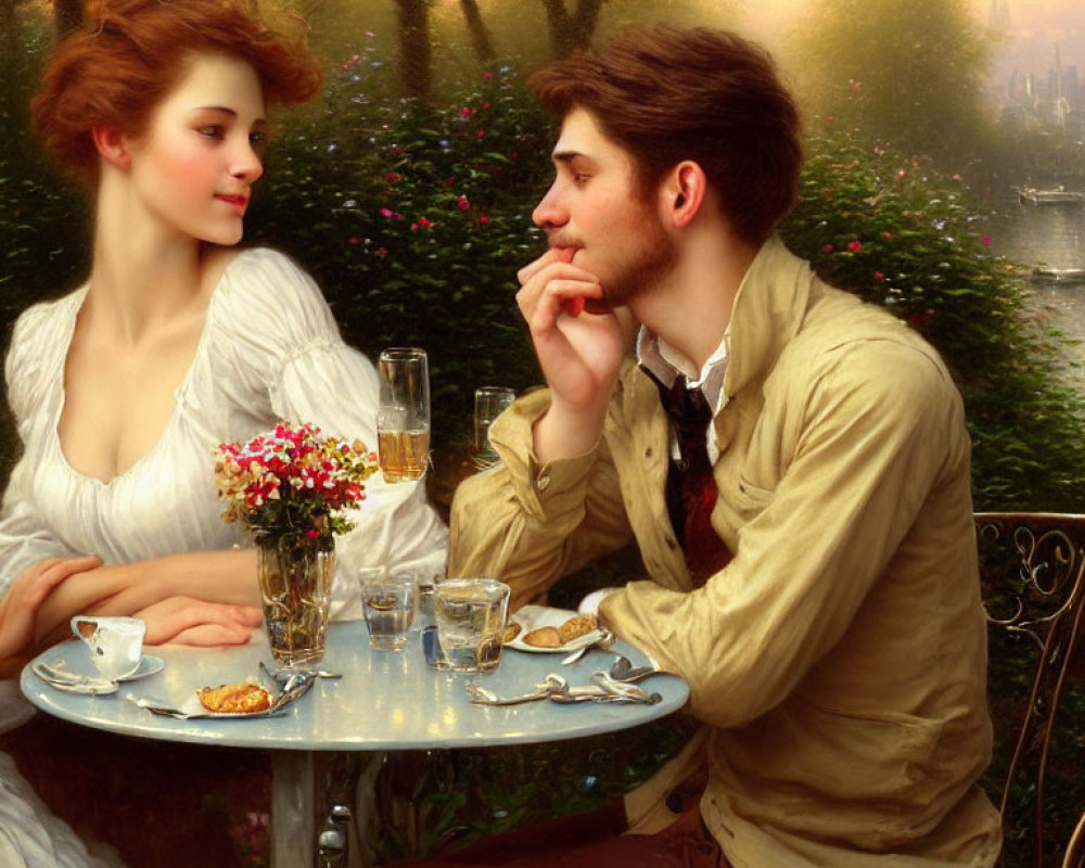 Vintage Clothing Couple Enjoying Tea in Garden Setting