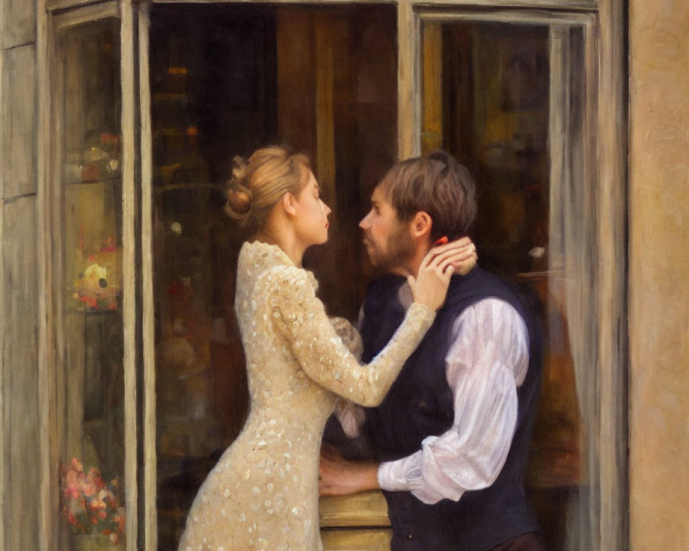 Romantic painting of couple embracing near window with handwritten text