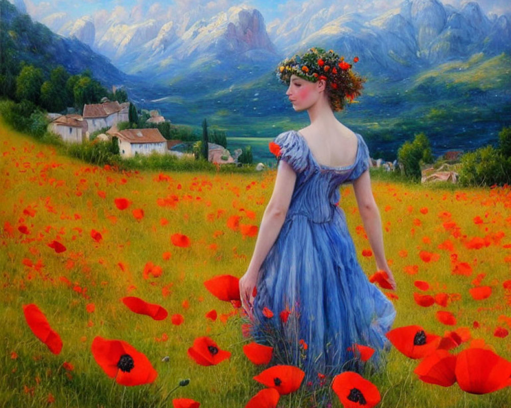 Woman in Blue Dress with Flower Crown in Vibrant Poppy Field