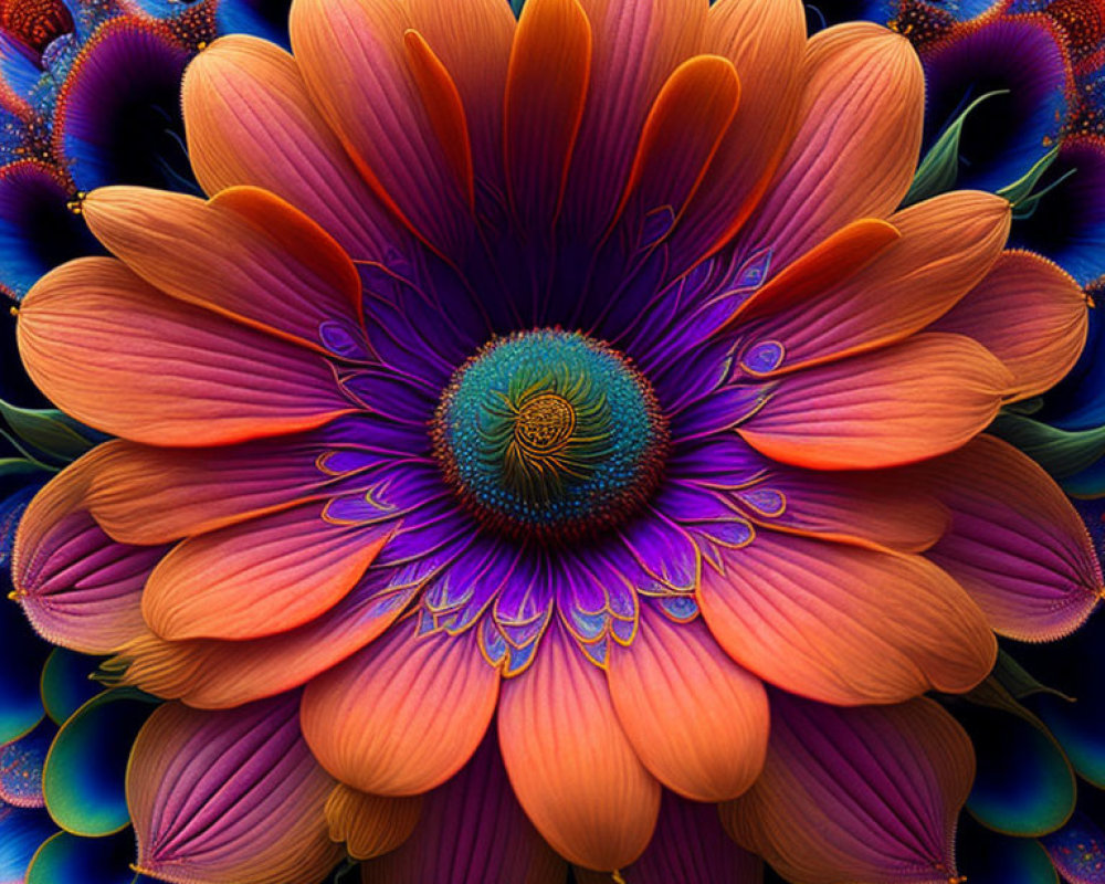 Vibrant Orange Flower with Spiral Center on Blue Fractal Background