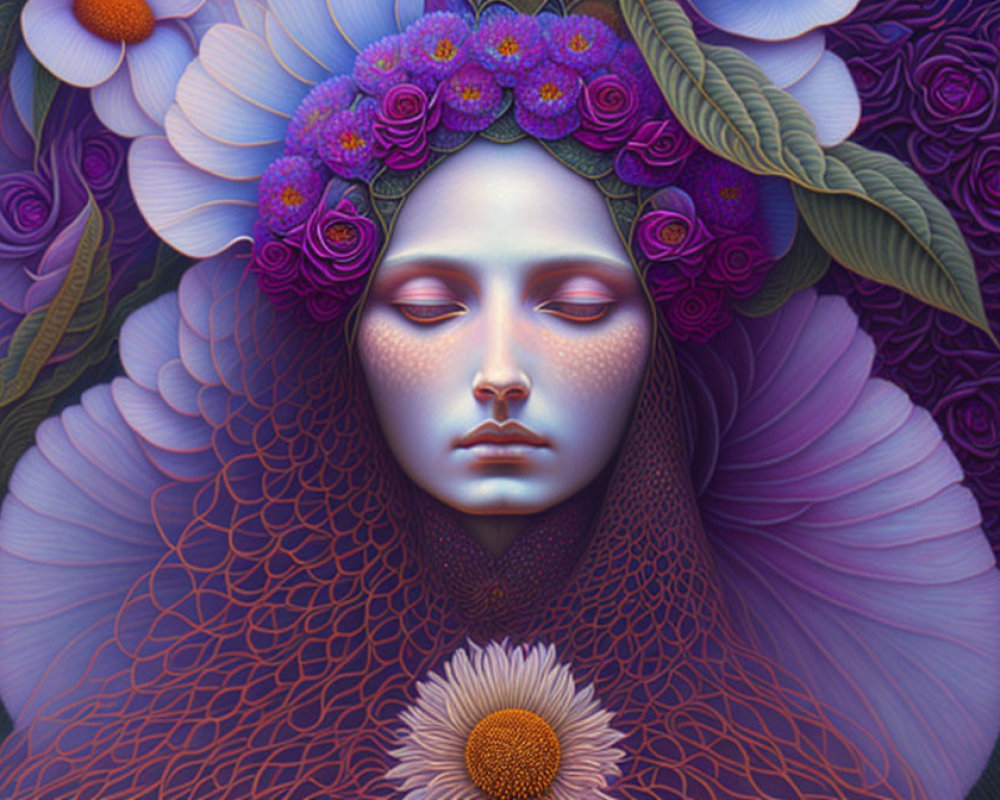 Surreal artwork featuring person with closed eyes and vibrant purple flowers.