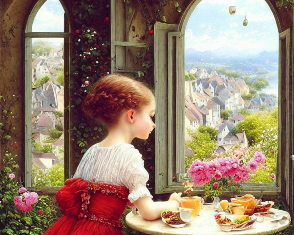 Young girl in red dress by window overlooking village on sunny day