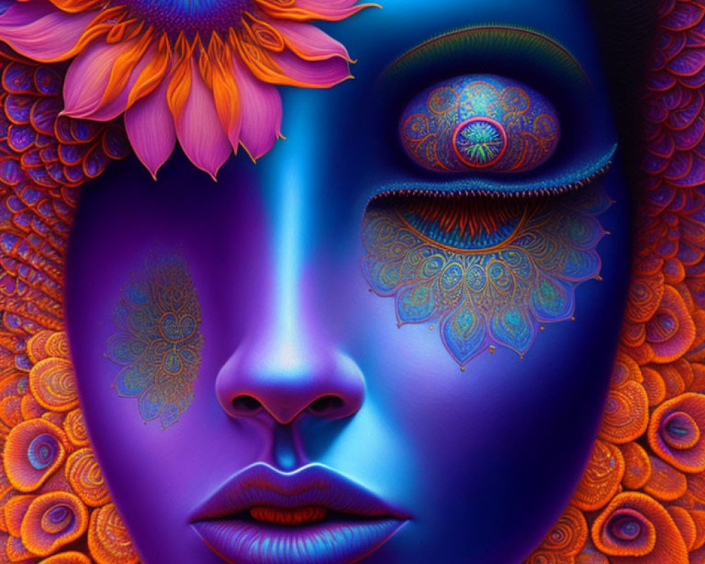 Colorful digital artwork: Blue face with intricate patterns, orange and purple flowers.