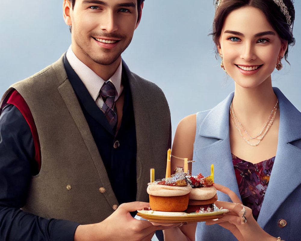 Elegantly dressed man and woman with fancy desserts on blue background