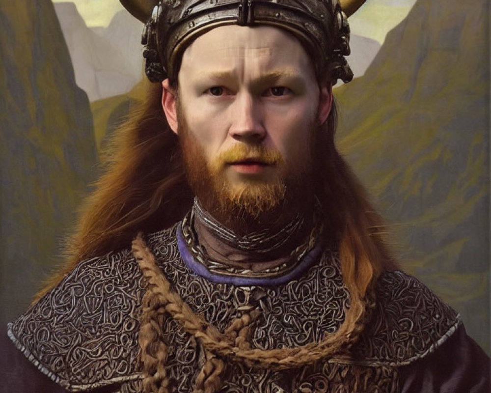 Viking-inspired portrait with helmet, beard, and braided hair against mountains