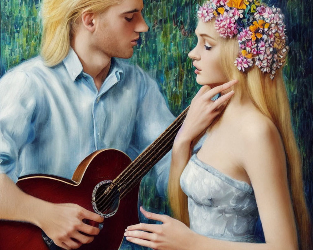 Man playing guitar serenades woman with floral crown in lush setting