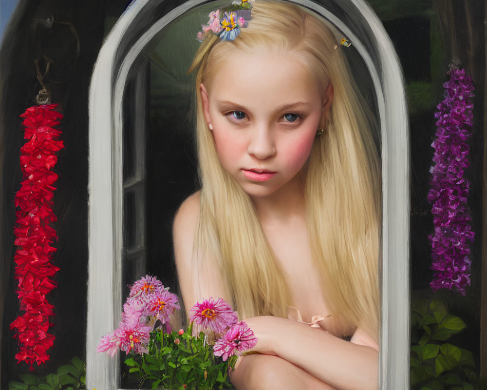 Blonde girl with flower in hair looks out arched window surrounded by vibrant flowers.