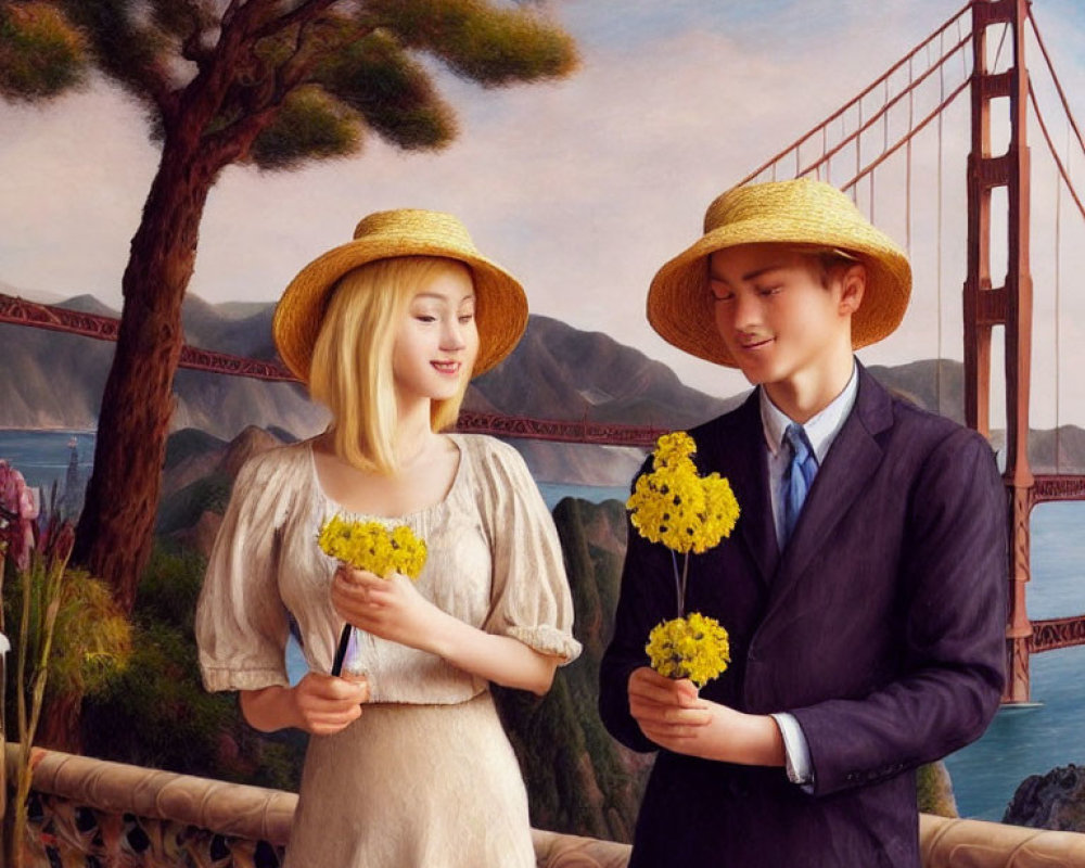 Vintage-dressed couple with yellow flowers by Golden Gate Bridge