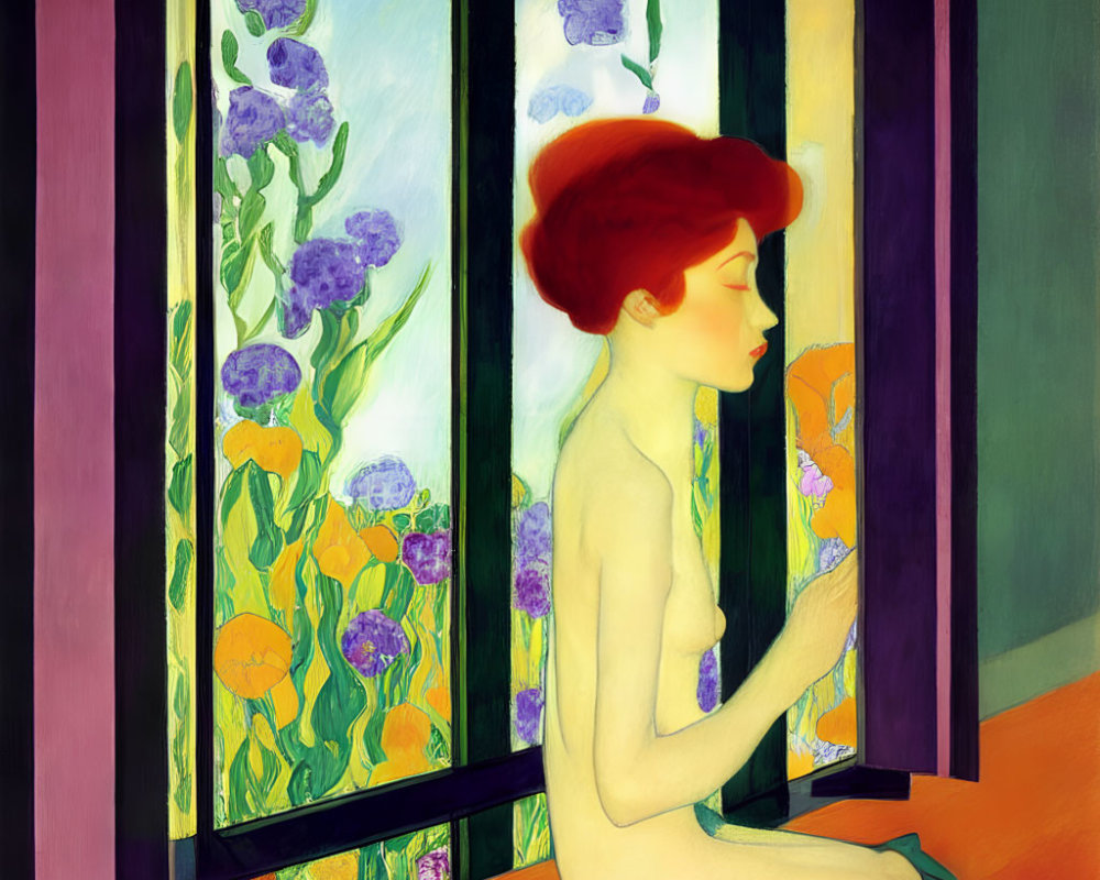 Vibrant stylized painting of nude red-haired woman by window