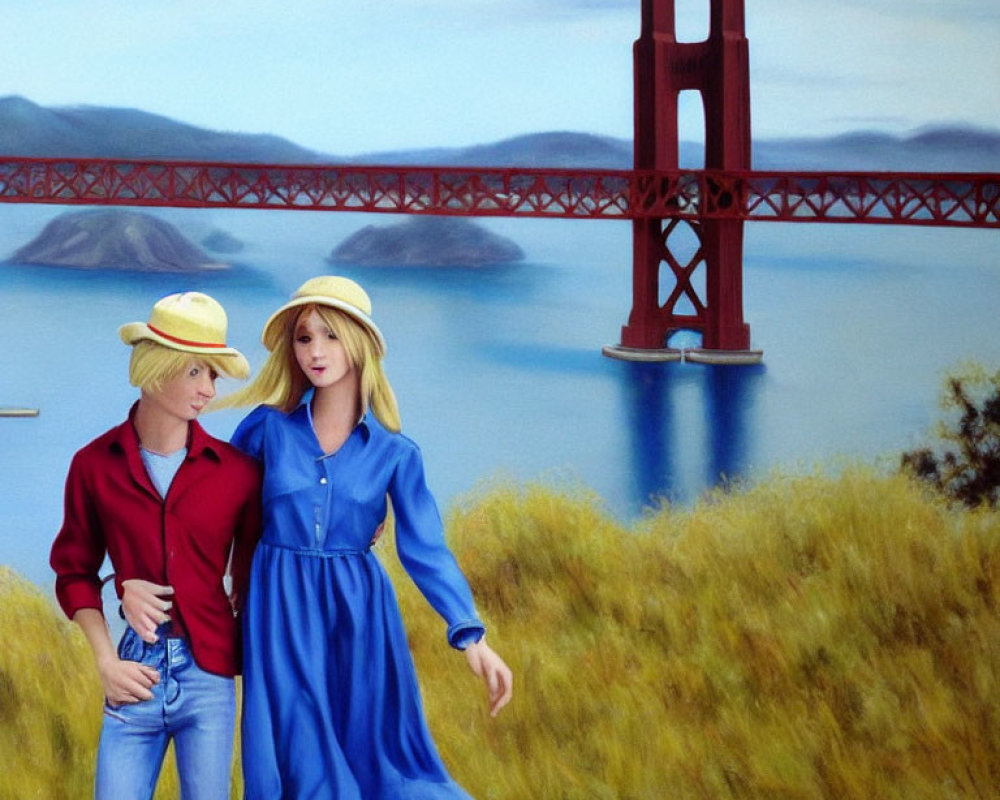 Illustrated male and female characters walking near Golden Gate Bridge.