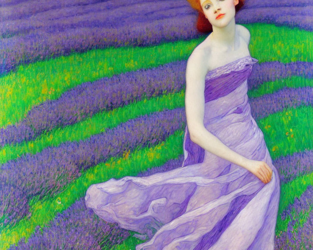 Vibrant impressionist painting of woman in lavender dress amid purple lavender.