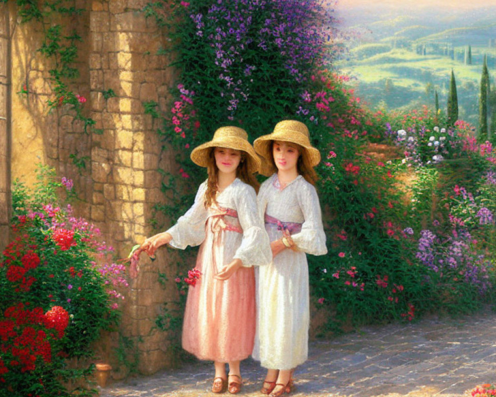 Vintage dresses and straw hats: Two girls in a blooming garden setting