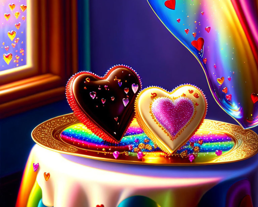 Colorful Heart-shaped Cookies on Magical Cloth with Floating Hearts and Glitter