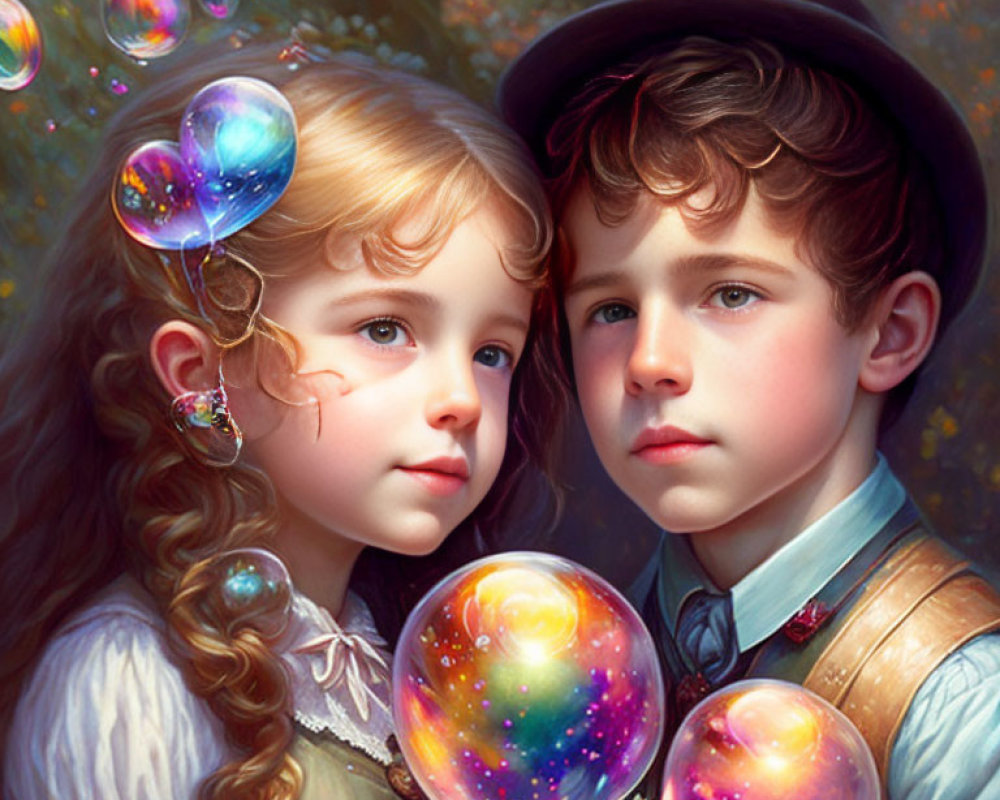 Vintage-Style Children in Cosmic Bubble-filled Autumn Scene