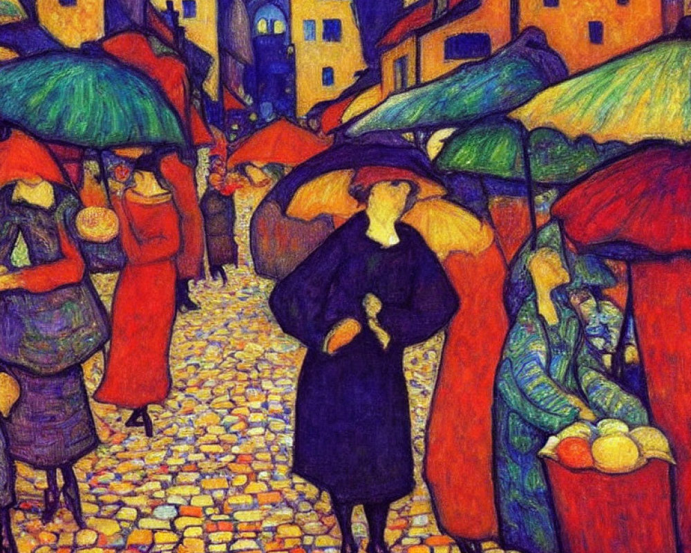 Colorful expressionist painting featuring figures with umbrellas and market stalls on a cobblestone street.