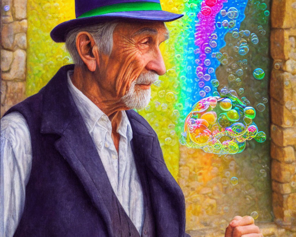 Elderly man in blue coat and hat watching soap bubbles on stone wall background