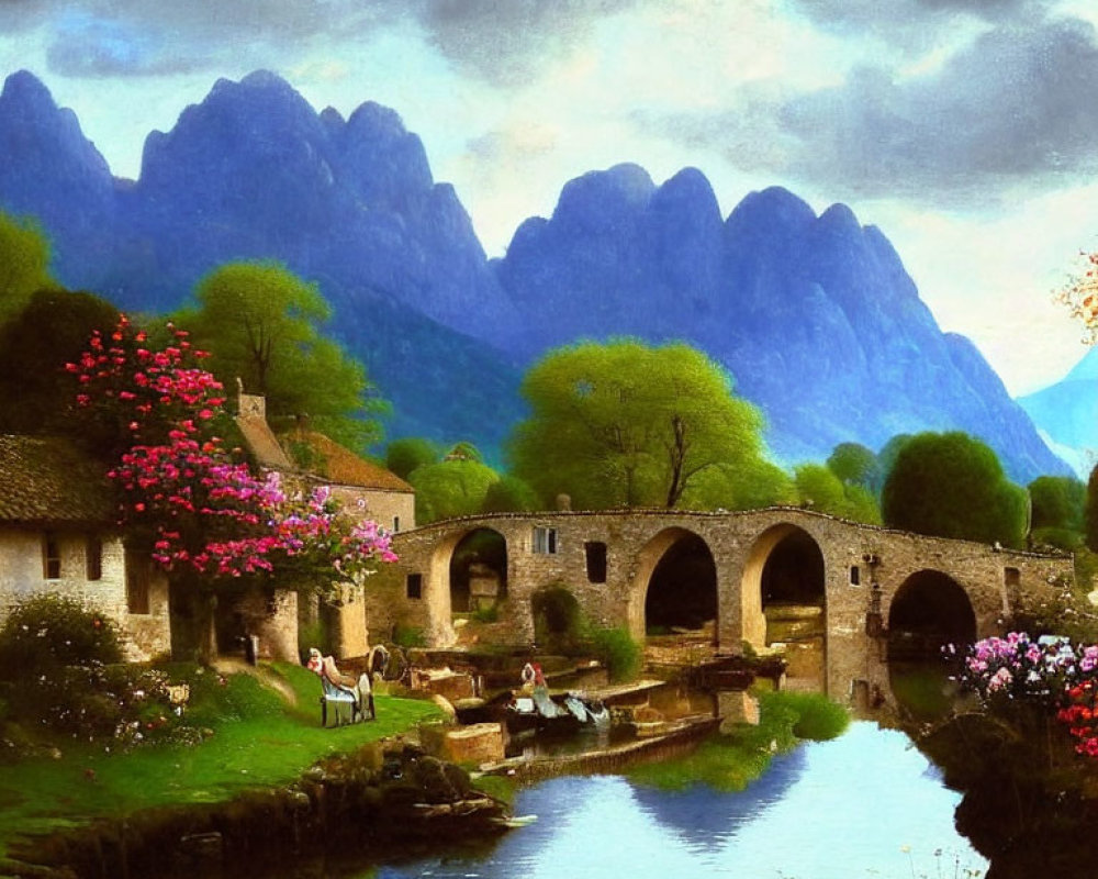 Tranquil rural landscape with stone houses, arched bridge, river, mountains, and villagers.