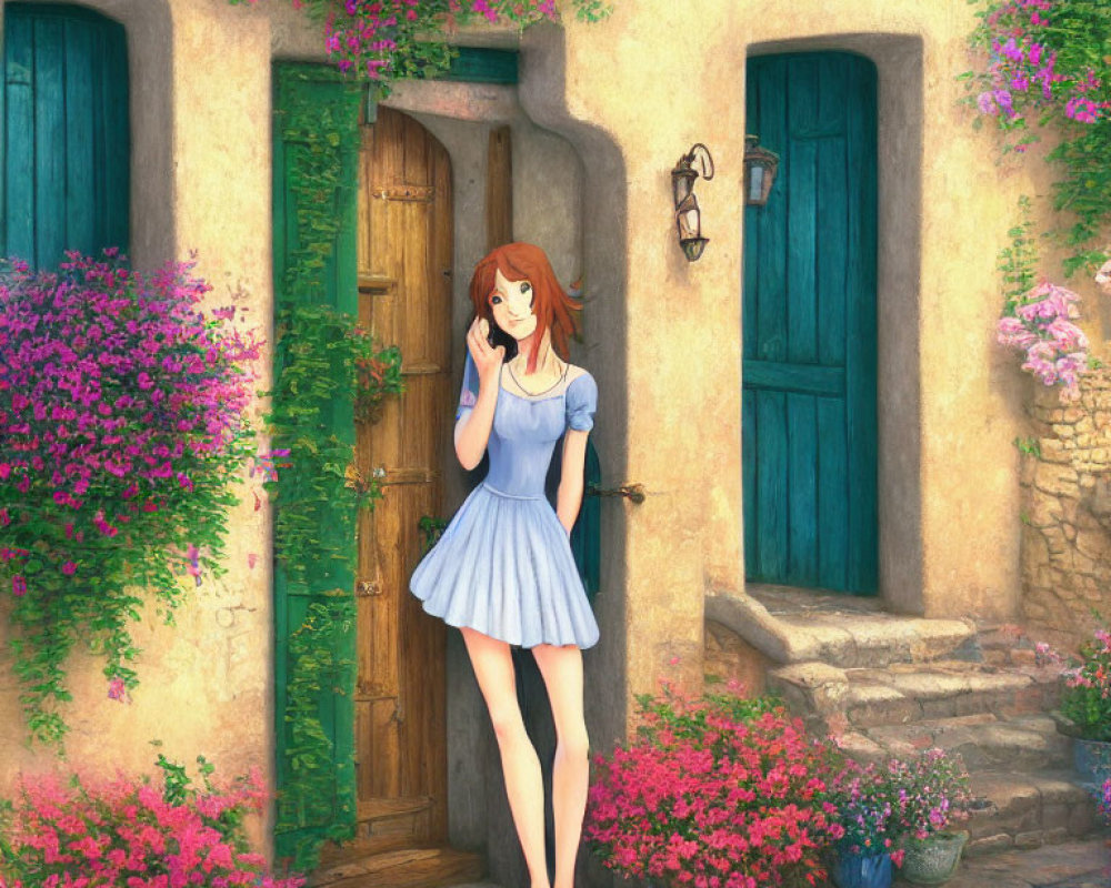 Red-haired woman in blue dress by green door of stone house with purple flowers