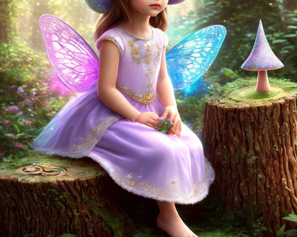 Young fairy girl with translucent wings in enchanted forest holding green gemstone