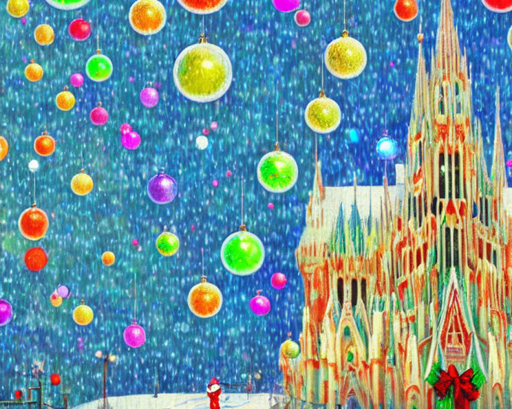 Vibrant Santa Claus illustration near Gothic cathedral in snowy Christmas scene