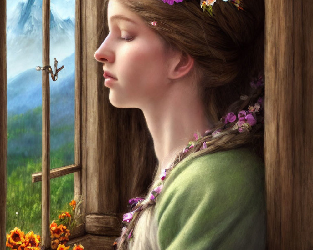 Woman with floral crown gazes through wooden window at mountain landscape