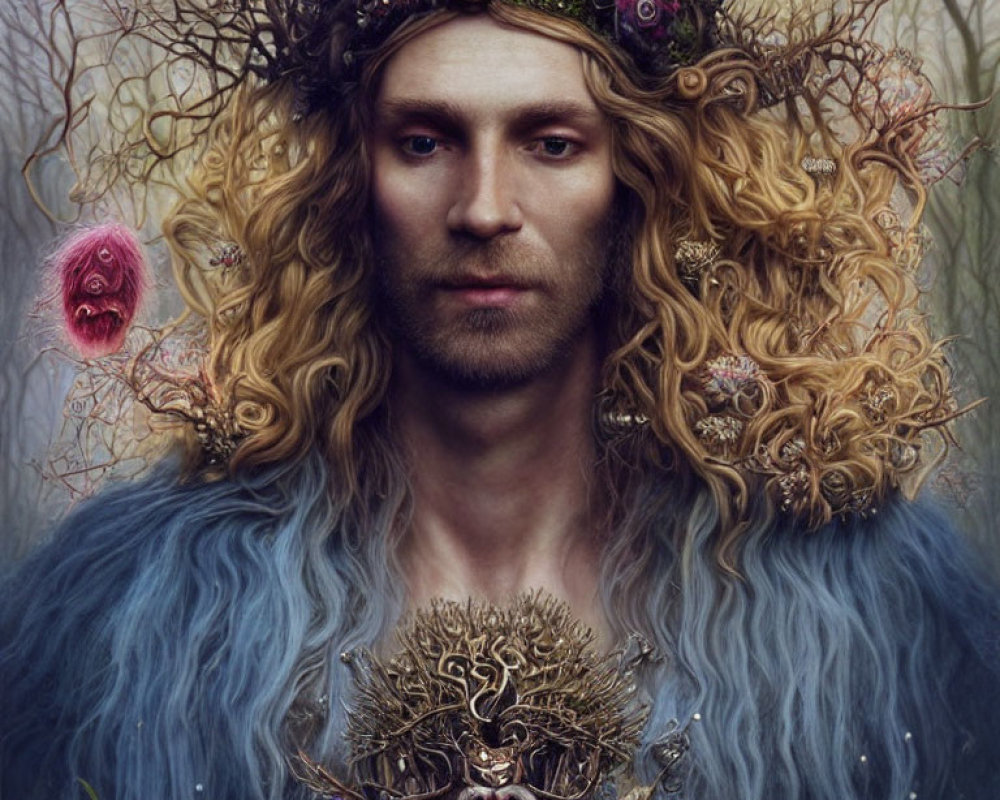 Blond-Haired Figure with Crown of Berries and Antlers in Blue Cape