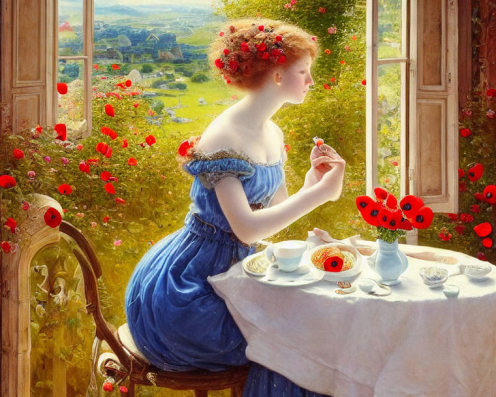 Woman in Blue Dress Sitting by Open Window Surrounded by Flowers and Butterflies