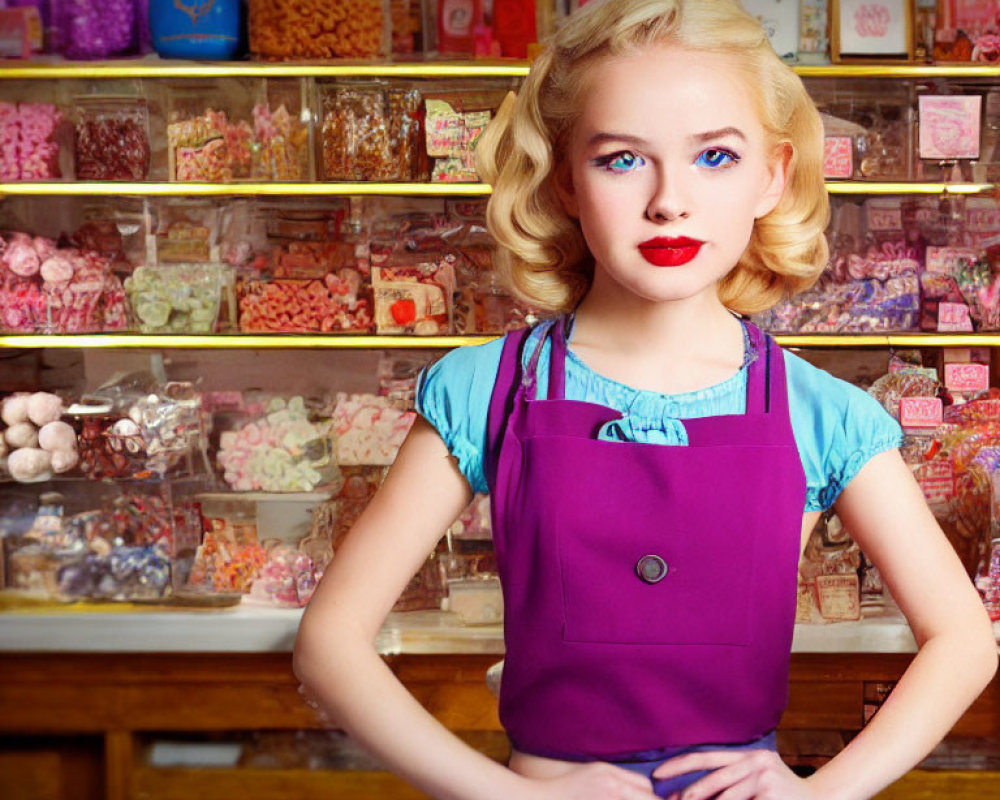 Blonde Girl in Blue Apron at Candy Store Display