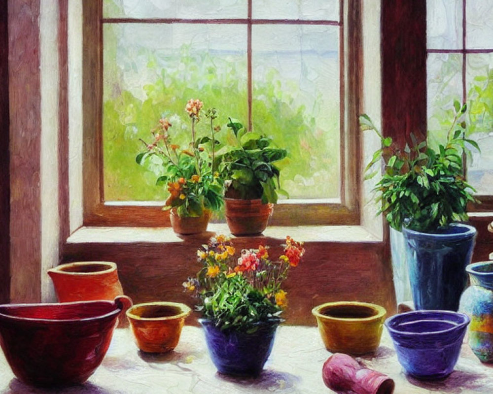 Colorful ceramic pots on sunlit windowsill with blooming flowers