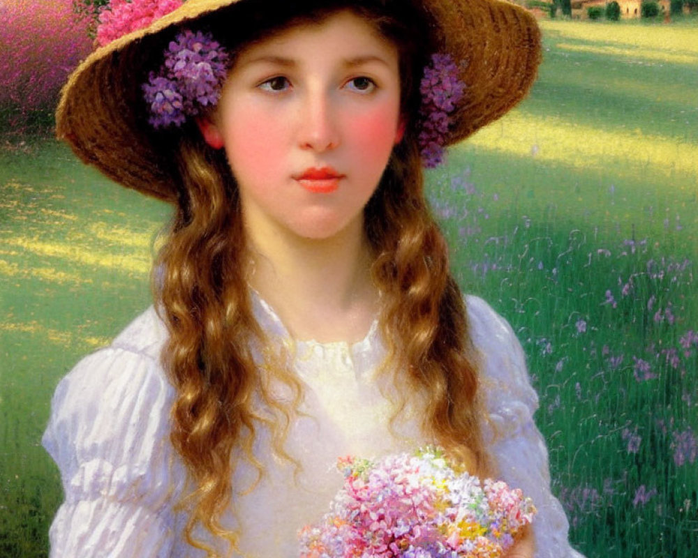 Young girl with curly hair in flower hat holding bouquet in serene landscape