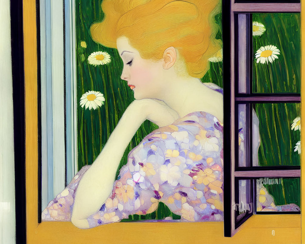 Red-haired woman in floral dress gazes out window among daisies and foliage