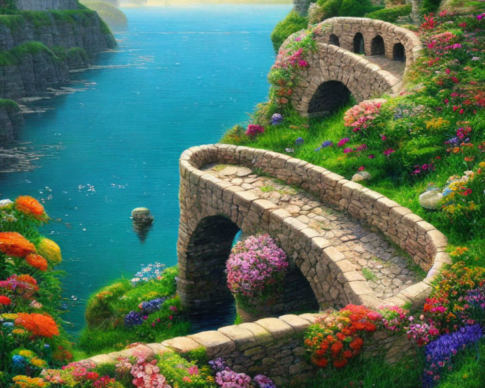 Fantasy landscape with stone bridge, river, flowers, and cliffs